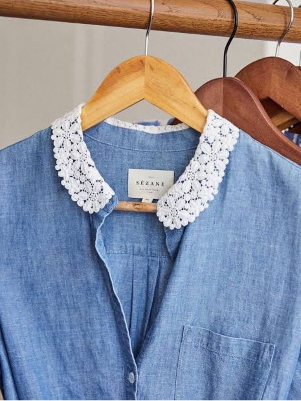 Sezane Alex Shirt Dress in Chambray with White Lace Collar FR34/US2 - Picture 2 of 6